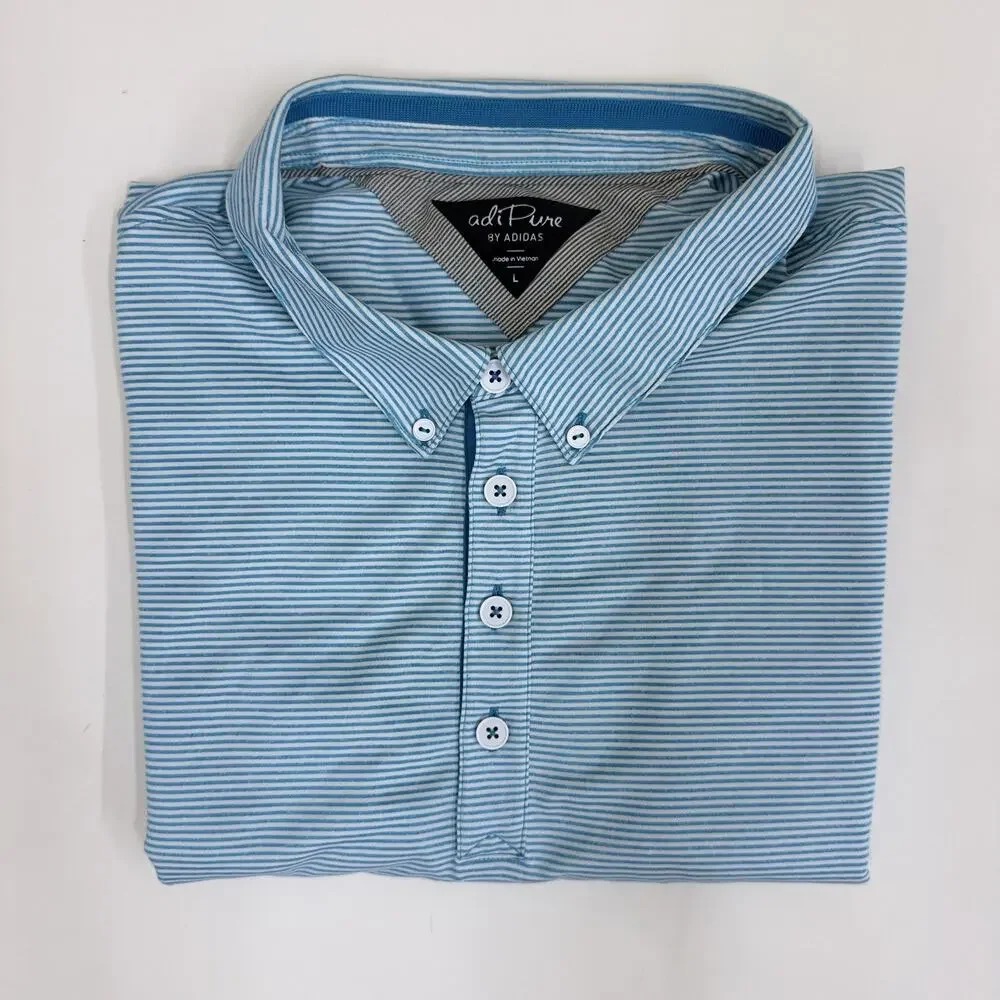 adiPure by Adidas Mens L Blue White Stripe Button Down Collar Golf Polo